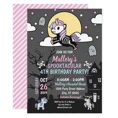 a pink and black birthday party with an unicorn on top of a cloud in the sky