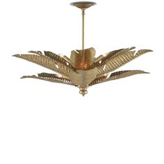 a golden chandelier with leaves hanging from it's center point, against a white background