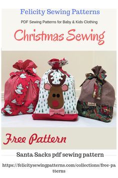 three christmas sewing bags with reindeers on them and the words free pattern below it