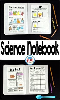 an open notebook with the words science notebook on it