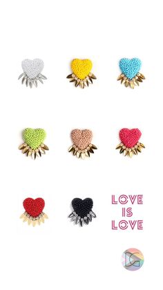 six different types of brooches with the words love is love