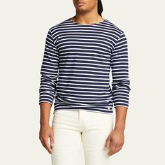 Armor Lux striped jersey T-shirt Crew neckline Long sleeves Pullover style Cotton Imported Long Sleeve Cotton T-shirt With Horizontal Stripes, Horizontal Stripe Crew Neck Top With Relaxed Fit, Horizontal Stripe Pattern Crew Neck Tops With Relaxed Fit, Relaxed Fit Crew Neck Top With Horizontal Stripes, Jersey Tshirt, Striped Jersey, Mens Stripes, Latest T Shirt, Bergdorf Goodman