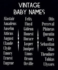 the names of vintage baby names on a black background