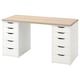 a white desk with drawers and a wooden top