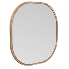 an oval mirror with a wooden frame on a white background, it is isolated from the side