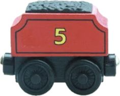 a red and black toy train with the number five on it