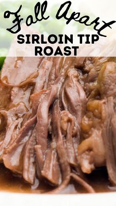 a close up of meat on a plate with broccoli in the background and text overlay