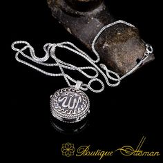 Allah Written Round Silver Locket Necklace | Boutique Ottoman Exclusive Hallmarked Silver Necklace For Blessing, Handmade Silver Spiritual Locket Necklace, Silver Spiritual Locket Necklace, Spiritual Handmade Silver Locket Necklace, Silver Spiritual Pendant Locket Necklace, Spiritual Silver Pendant Locket Necklace, Silver Amulet Style Locket Necklace As A Gift, Silver Engraved Amulet Locket Necklace, Silver Chain Medallion Jewelry Gift