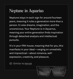 the caption for neptune in aquarius, which is written on a black background