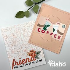 two greeting cards, one with coffee and the other with roses