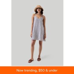 in stock Beach Dresses With Vertical Stripes And V-neck, Casual Summer Mini Dress With Vertical Stripes, Vertical Stripes V-neck Vacation Dresses, Summer Beach Dresses With Vertical Stripes, Casual Vacation Dress With Vertical Stripes, Sleeveless Striped Hem Dress, Casual Beach Dress With Striped Hem, Striped Lined Mini Dress For Summer, Sleeveless Dresses With Striped Hem