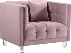 a pink velvet chair with chrome legs and square shaped pillows on the armrests