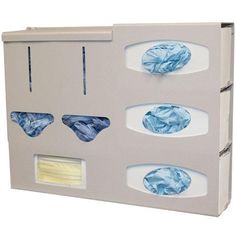 a white box with blue stones on the front and sides in different shapes, sizes and colors