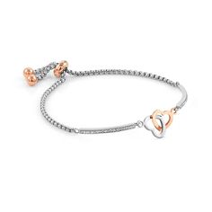 This cute bracelet features two interlocking hearts making it the perfect gift for that special someone in your life. Part of Nomination's Milleluci collection crafted in stainless steel and rose gold PVD colour coated details with cubic zironias for added sparkle. This bracelet is adjustable. It has a maximum circumference of 19cm and can be shortened to 14cm. Nomination Bracelet, Hearts Bracelet, Interlocking Hearts, Jewelry Show, Better Half, Double Heart, Diamond Hoop Earrings, Cute Bracelets, White Crystal