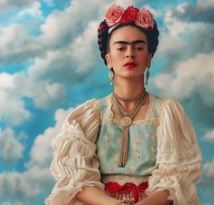 a woman with flowers in her hair wearing a blue dress and red skirt sitting on a cloud filled sky