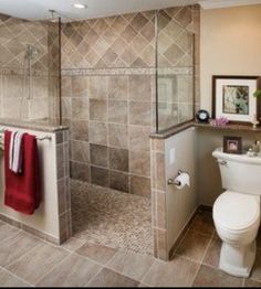 a bathroom with a walk in shower next to a toilet