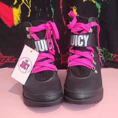 New Never Worn Season Ready 2 Inches High Cotton Fabric Lining For Warmth Juicy Coutore Boots, Juicy Couture Shoes, Couture Shoes, High Top Boots, Juicy Couture, Pink Black, High Top, High Tops, Black Pink