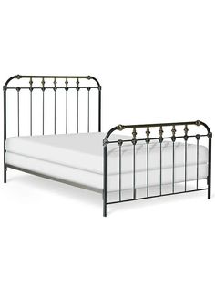 a metal bed frame with white sheets and pillows on top of it, against a white background