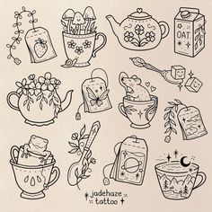 some teapots and other items are drawn on paper