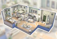 an aerial view of a bedroom and living room