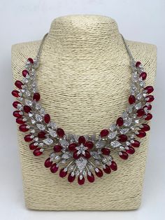 AD Deep Red Stone Silver Finish Neckline Short Neckalce with Matching EarringsColor : Silver ADSize : Earrings Length : 2.75 InchesStones : AD Red Stone D Necklace, Short A, Red Stone, Social Events, Deep Red, Indian Jewelry, Stone, Red, Silver