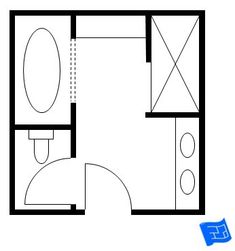 a bathroom floor plan with the toilet, sink and shower area in black and white