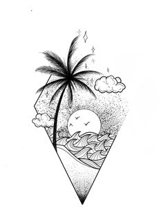 a black and white drawing of a palm tree with the sun in the sky above it