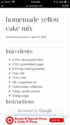 the ingredients list for homemade cake mix on an iphone screen, including instructions to make it