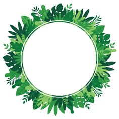 a round frame with green leaves and branches around it, in the center is a white circle