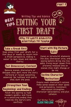 an info sheet for writing and editing your first draft, with instructions on how to use them