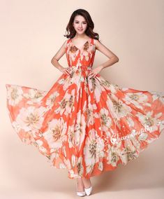 90 Colors Chiffon  Orange Flower Long Party Evening Wedding Lightweight  Maternity Dress Sundress Su Spring A-line Chiffon Dress For Wedding Guest, Spring Wedding Guest A-line Chiffon Dress, Spring Wedding A-line Chiffon Dress, Spring Beach Chiffon Dress In Georgette, Summer Wedding Guest Maxi Dress In Georgette, Floor-length Floral Print Chiffon Wedding Dress, Summer Wedding Guest Georgette Maxi Dress, Spring Wedding Guest Georgette Dress, Floor-length Floral Chiffon Wedding Dress