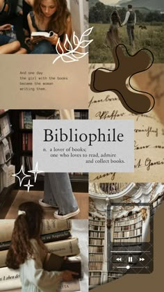 a collage of photos with people reading books and writing on them, including the words'bibliophile '