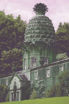 an old building with a large green pineapple on it's roof and windows