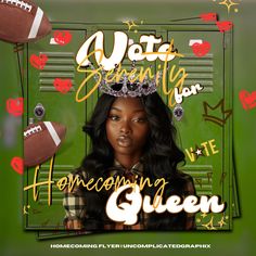 a woman wearing a tiara standing in front of a green background with footballs and stars