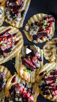 small appetizers are arranged on top of each other