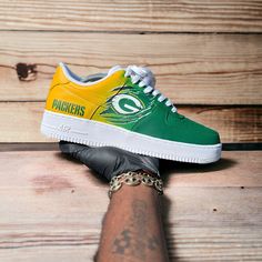 Custom Green Bay Packers Air Force 1s - Kiaun's Customs LLC Green Bay Packers Shoes, Athletic Sets, Custom Painted Shoes, Air Force 1s, Custom Painted, Painted Shoes, Green Bay Packers, Custom Shoes, Color Shades