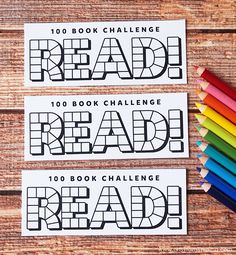 two book challenge stickers with the words read, read and read written on them