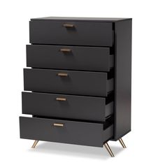 three drawers with gold handles on each side and one drawer open to show the bottom