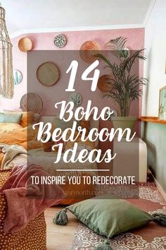 a bedroom with pink walls and lots of pillows on the floor in front of it