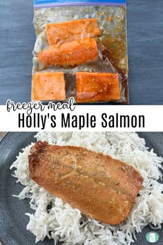 raw salmon fillets in sauce in a clear bag and cooked and served on a bed of rice Maple Salmon, Best Freezer Meals, Salmon Marinade, Batch Cooking, Hearty Soups, Freezer Meals, One Pot Meals, Meal Time, Cooking Tips