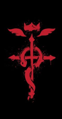 a red and black cross with two wings on it, in the middle of a dark background