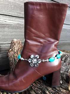 "TURQUOISE and PEARLS  That's right  Turquoise and pearls together!  What a great looking boot bracelet! An eye catcher for sure! Bracelet is made up of simulated turquoise oval shaped beads, separated small silver spacers and freshwater pearls.  Take note of this outstanding flower connector. The center has a pearl in the center.  Completed of bracelet is 15\" PHOTOGRAPHIC DESCRIPTION: * * * This boot bracelet was photographed on a ladies size 7 leather boot.  The boot measures 12\" around the Boot Bracelet, Cowgirl Bling, Boot Bling, Western Style Boots, Handmade Boot, Jewelry Words, Boot Jewelry, Southwestern Jewelry, Cowgirl Style