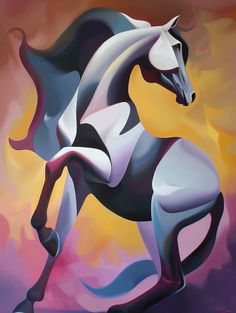 a painting of a black and white horse on a purple, pink, yellow and orange background