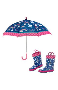 No puddle is safe when kids come prepared with adorable rain boots—a coordinating umbrella with a no-pinch closure adds to the rainy-day fun. 22" umbrella; 27" open diameter Umbrella has hook-and-loop closure Boots have nonslip sole; removable insole Umbrella is 100% polyester; boots have rubber upper/textile lining/rubber sole Imported Kids' Wear Rainbow Kid Hunter Boots, Stroller Rain Cover, Boy Room Themes, Kids Flannel, Rainy Day Fun, Rainbow Rain, Walking In The Rain, Girls Handbags, Hooded Raincoat