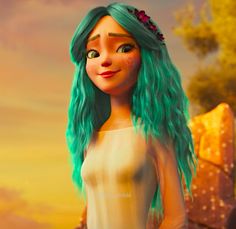 an animated woman with green hair and flowers in her hair, wearing a white dress