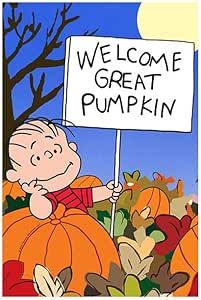 a cartoon character holding a sign that says welcome to great pumpkin in front of a group of pumpkins