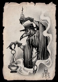 a drawing of a person with a hat on his head and holding a candle in one hand