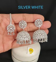 Silver Finish American Diamond Jhumka and Tika Set Very lightweight! Heavy White Fusion Style Jhumkas, Bollywood Style White Jhumkas, Diamond Jhumkas, Gold Jewelry Prom, Diamond Pendants Designs, Chandbali Earrings, Embroidery Shoes, American Diamond, Pendant Design