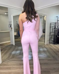 one shoulder satin pink jumpsuit with long tulle sleeves Satin Jumpsuit, Blue Pool, Tulle Sleeves, Pink Jumpsuit, Pink Pearl, Dress Size Chart, Pink Candy, Blue Ink, Blush Pink