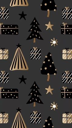 a black and gold christmas pattern with trees, presents and stars on the top of them